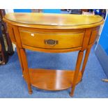 HARDWOOD HALF MOON SIDE TABLE WITH 3 DRAWERS ON TURNED SUPPORTS 90CM TALL X 90 CM WIDE