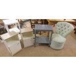 PAIR PAINTED SINGLE DOOR BEDSIDE CABINETS, OVERSTUFFED CHAIR,