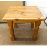 RUSTIC PINE SQUARE COFFEE TABLE ON TURNED SUPPORTS 70CM WIDE