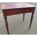 19TH CENTURY MAHOGANY SIDE TABLE WITH 2 DRAWERS ON TURNED SUPPORTS,
