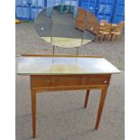 TEAK DRESSING TABLE WITH 3 PART MIRROR OVER SINGLE DRAWER ON TAPERED SUPPORTS,