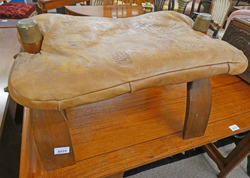 HARDWOOD CAMEL STOOL WITH TAN LEATHER SEAT & BRASS FIXTURES