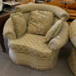 OVERSTUFFED ARMCHAIR WITH KIDNEY SEAT & GREEN & GOLD PATTERN