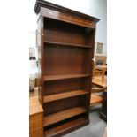 20TH CENTURY INLAID MAHOGANY BOOKCASE ON PLINTH BASE WITH ADJUSTABLE SHELVES 211 CM TALL X 110 CM