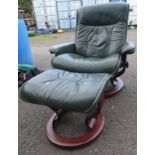 STRESSLESS GREEN LEATHER RECLINING SWIVEL CHAIR WITH MATCHING STOOL MARKED EKORNES