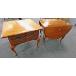 HARDWOOD SQUARE COFFEE TABLE WITH SINGLE DRAWER ON QUEEN-ANNE SUPPORTS & DROP LEAF TABLE WITH