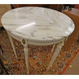 PAIR OF LATE 19TH CENTURY WHITE AND GILT MARBLE TOPPED HALF MOON TABLES ON TURNED SUPPORTS 76 CM