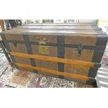 WOOD AND RECTANGLE LUGGAGE TRUNK WITH WORKED LEATHER PANELS TO EXTERIOR,