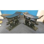 PAIR EBONISED EASTERN STOOLS WITH DECORATIVE CARVED CAT BASES