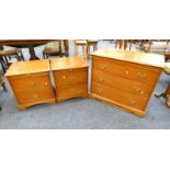 PAIR STAG BEDSIDES WITH SLIDE OVER 2 DRAWERS AND STAG CHEST OF 3 DRAWERS.