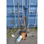 GOOD SELECTION OF GARDEN TOOLS TO INCLUDE RAKES, LOPPERS,