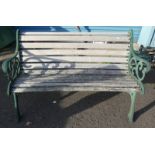 WOODEN GARDEN BENCH WITH PAINTED CAST IRON ENDS