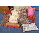 GOOD SELECTION OF CUSHIONS AND PILLOWS IN VARIOUS SHAPES AND SIZE AND 2 TARTAN BLANKETS