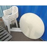 PLASTIC CIRCULAR GARDEN TABLE AND SET OF 4 PLASTIC GARDEN ARMCHAIRS