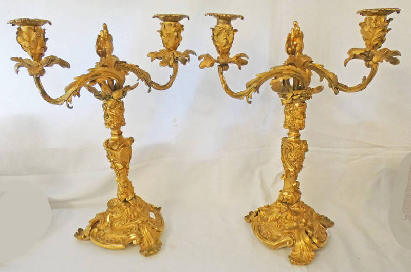 A PAIR OF 19TH CENTURY ORMOLU TWO-BRANCH CANDELABRA,