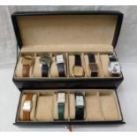 BLACK LEATHER WATCH BOX AND VARIOUS GENTS WRISTWATCHES BY SEIKO, MOUNT ROYAL,