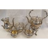 SILVER 5 PIECE TEA AND COFFEE SERVICE INCLUDING SPIRIT KETTLE ON SILVER STAND WITH PIERCED