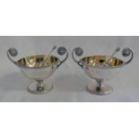 PAIR OF SILVER SALTS WITH GILT BOWLS & TWIN LION MASK HANDLES BY JAMES DIXON & SONS SHEFFIELD 1932