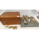 CARVED CHINESE CAMPHORWOOD BOX & CONTENTS OF DECORATIVE JEWELLERY, WRISTWATCHES, OPERA GLASSES,