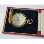 18CT GOLD HUNTER CASED POCKET WATCH WITH WHITE ENAMEL DIAL BY EDWIN FLINN ALLESLEY ROAD LONDON IN A