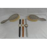 3 GENTS WRISTWATCHES & PAIR OF SILVER BRUSHES WITH FLORAL DECORATION