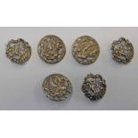 2 SETS OF 3 ART NOUVEAU SILVER BUTTONS DECORATED WITH BIRDS & A CLASSICAL FIGURE - BIRMINGHAM 1902