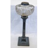 SILVER CORINTHIAN COLUMN CANDLESTICK PARAFFIN LAMP WITH CUT GLASS.