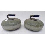 PAIR OF CURLING STONES, HANDLES WITH SEVERAL MARKINGS TO INCLUDE "CAG",