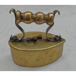 19TH CENTURY BRASS MINIATURE IRON WITH TURNED BRASS HANDLE,