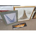 2 FRAMED SAILING PRINTS AND A WOOD CROSS SECTION OF THE BOAT THISTLE 1881 -3-
