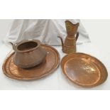 MIDDLE EASTERN COPPER DISH, EMBOSSED COPPER AND BRASS TEAPOT,