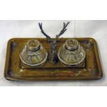 WMF SILVER PLATED INKWELL STAND WITH STAGS HEAD MOUNT & 2 LATER INKWELLS - 18.