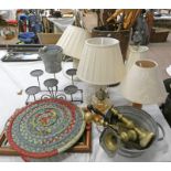 STICK STAND, TABLE LAMPS, MIRRORS, BRASS CANDLE STICKS,