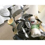 SELECTION OF GOLF CLUBS IN A GOLF BAG WITH TROLLEY TO INCLUDE MIZUNO ZOID PRO II IRONS,