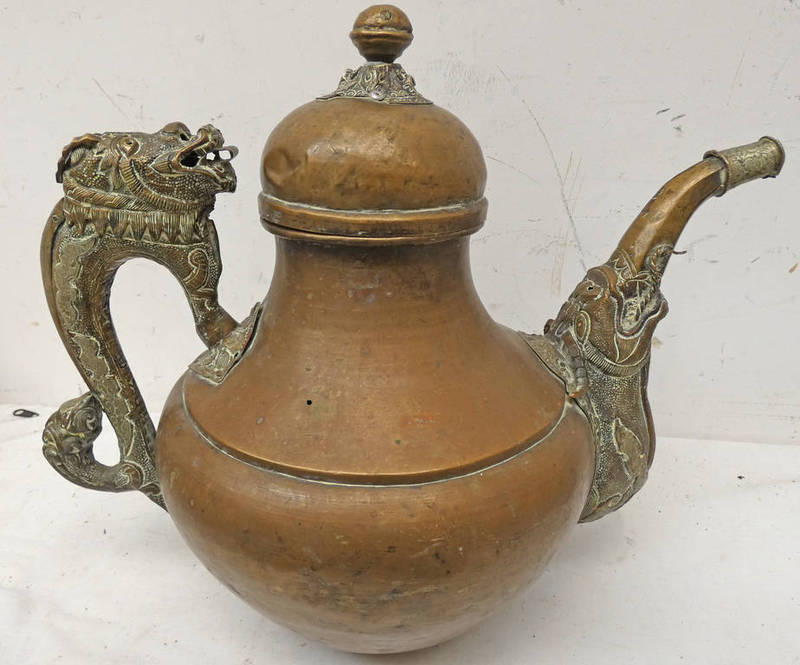 MIDDLE EASTERN BRASS KETTLE WITH HEAVILY DECORATED ELEPHANT HEAD SPOUT & A BEAST HANDLE WITH WHITE