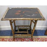 BAMBOO LAMP TABLE WITH BLACK & RED LACQUER TOP WITH ORIENTAL BIRD DECORATION