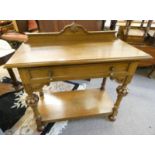 LATE 19TH CENTURY STYLE CARVED OAK HALL TABLE WITH SINGLE DRAWER & UNDERSHELF ON DECORATIVE TURNED