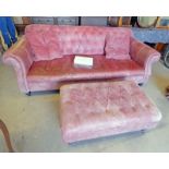 OVERSTUFFED RED LEATHER BUTTON BACK 3 SEATER SETTEE ON TURNED SUPPORTS