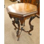 19TH CENTURY ROSEWOOD OCTAGONAL SEWING TABLE WITH LIFT-TOP ON DECORATIVE SHAPED SUPPORTS 68CM TALL