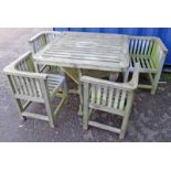 WOODEN SQUARE GARDEN TABLE AND SET OF 4 WOODEN GARDEN CORNER CHAIRS 72CM TALL X 92CM WIDE