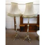 PAIR OF HARDSTONE & BRASS STANDARD LAMPS ON BRASS PAW FEET