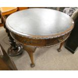 19TH CENTURY CARVED MAHOGANY DRUM TABLE WITH LEATHER INSET TOP & 4 DRAWERS ON DECORATIVE BALL &