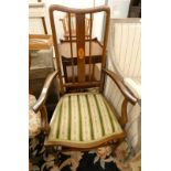 LATE 19TH CENTURY MAHOGANY OPEN ARMCHAIR WITH DECORATIVE BOXWOOD INLAY ON QUEEN ANNE SUPPORTS