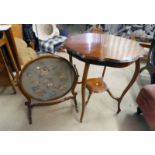 MAHOGANY TABLE WITH SHAPED TOP AND MAHOGANY FRAMED TAPESTRY FIRE SCREEN