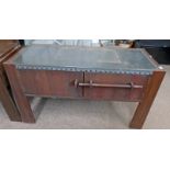 20TH CENTURY OAK WASHSTAND WITH METAL, 2 PANEL DOORS ON SHAPED SUPPORTS,