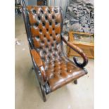 MAHOGANY FRAMED BUTTON BACK BROWN LEATHER ARMCHAIR