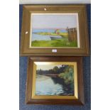 D RAMSAY BEND IN THE RIVER SIGNED FRAMED OIL PAINTING 27 X 34 CM AND E WILSON THE