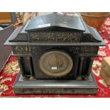 19TH CENTURY BLACK SLATE MANTLE CLOCK WITH BRASS & SILVERED DIAL