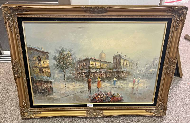 GILT FRAMED PICTURE OF STREET SCENE,