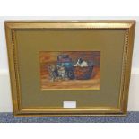 MARION PRITCHARD TWO CATS & A DOG SIGNED FRAMED OIL PAINTING 12 X 17 CM